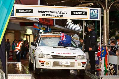 67;15-July-2011;67;APRC;Asia-Pacific-Rally-Championship;International-Rally-Of-Whangarei;Michael-Rope;Michelle-Mitchell;NZ;New-Zealand;Northland;Rally;Subaru-Impreza;Whangarei;auto;ceremonial-start;ceremony;garage;motorsport;pre‒event;racing;start;telephoto