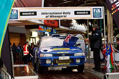 66;15-July-2011;APRC;Asia-Pacific-Rally-Championship;International-Rally-Of-Whangarei;Kelly-Martin;Mat-Moore;NZ;New-Zealand;Northland;Rally;Subaru-Legacy-RS;Whangarei;auto;ceremonial-start;ceremony;garage;motorsport;pre‒event;racing;start;telephoto