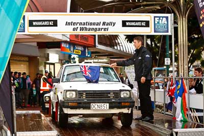 62;15-July-2011;62;APRC;Asia-Pacific-Rally-Championship;Beth-Sheil;International-Rally-Of-Whangarei;Lyndsay-Homes;NZ;New-Zealand;Northland;Rally;Toyota-Starlet;Whangarei;auto;ceremonial-start;ceremony;garage;motorsport;pre‒event;racing;start;telephoto