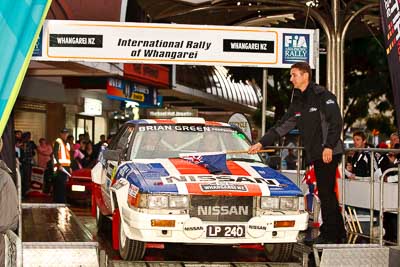 59;15-July-2011;APRC;Asia-Pacific-Rally-Championship;Deborah-Kibble;International-Rally-Of-Whangarei;NZ;New-Zealand;Nissan-240RS;Northland;Rally;Rob-Wylie;Whangarei;auto;ceremonial-start;ceremony;garage;motorsport;pre‒event;racing;start;telephoto