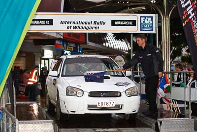 56;15-July-2011;56;APRC;Asia-Pacific-Rally-Championship;Brad-Henty;International-Rally-Of-Whangarei;Murray-Huband;NZ;New-Zealand;Northland;Rally;Subaru-Impreza-WRX-STI;Whangarei;auto;ceremonial-start;ceremony;garage;motorsport;pre‒event;racing;start;telephoto