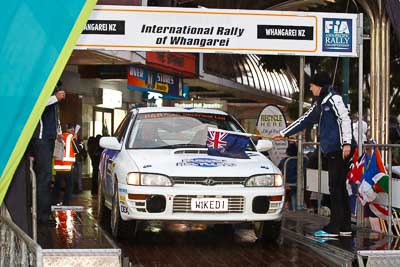 54;15-July-2011;54;APRC;Asia-Pacific-Rally-Championship;Dave-Devonport;International-Rally-Of-Whangarei;NZ;New-Zealand;Northland;Paul-Muldoon;Rally;Subaru-Impreza-WRX;Whangarei;auto;ceremonial-start;ceremony;garage;motorsport;pre‒event;racing;start;telephoto