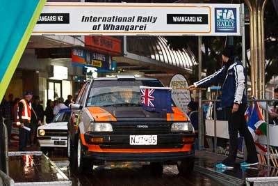 53;15-July-2011;APRC;Asia-Pacific-Rally-Championship;International-Rally-Of-Whangarei;Justin-Glavish;Michele-Brunt;NZ;New-Zealand;Northland;Rally;Toyota-Starlet;Whangarei;auto;ceremonial-start;ceremony;garage;motorsport;pre‒event;racing;start;telephoto