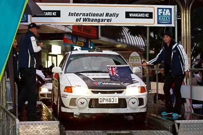 47;15-July-2011;APRC;Asia-Pacific-Rally-Championship;International-Rally-Of-Whangarei;Lee-Robson;Mitsubishi-Lancer-Evolution-IV;NZ;New-Zealand;Northland;Rally;Tanya-Gwynne;Whangarei;auto;ceremonial-start;ceremony;garage;motorsport;pre‒event;racing;start;telephoto