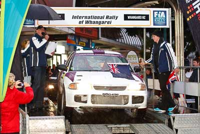 46;15-July-2011;APRC;Andrew-Phillips;Asia-Pacific-Rally-Championship;Dennis-Pullman;International-Rally-Of-Whangarei;Mitsubishi-Lancer-Evolution-III;NZ;New-Zealand;Northland;Rally;Whangarei;auto;ceremonial-start;ceremony;garage;motorsport;pre‒event;racing;start;telephoto