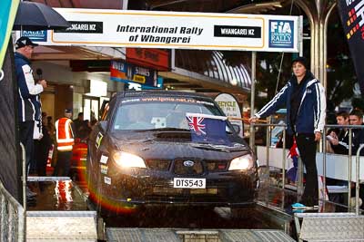 83;15-July-2011;APRC;Asia-Pacific-Rally-Championship;International-Rally-Of-Whangarei;NZ;New-Zealand;Northland;Rachel-Pittams;Rally;Subaru-Impreza-WRX-STI;Wayne-Pittams;Whangarei;auto;ceremonial-start;ceremony;garage;motorsport;pre‒event;racing;start;telephoto