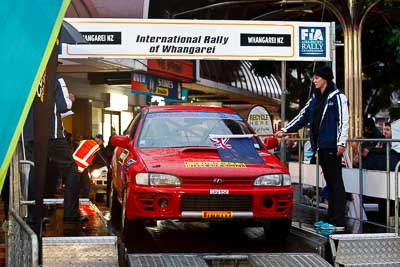 45;15-July-2011;45;APRC;Asia-Pacific-Rally-Championship;Brendan-Oakden;International-Rally-Of-Whangarei;NZ;Natasha-Oakden;New-Zealand;Northland;Rally;Subaru-Impreza-WRX;Whangarei;auto;ceremonial-start;ceremony;garage;motorsport;pre‒event;racing;start;telephoto