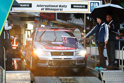 43;15-July-2011;APRC;Asia-Pacific-Rally-Championship;International-Rally-Of-Whangarei;Malcolm-Peden;Mitsubishi-Lancer-Evolution-VII;NZ;New-Zealand;Northland;Rally;Shannon-Chambers;Whangarei;auto;ceremonial-start;ceremony;garage;motorsport;pre‒event;racing;start;telephoto