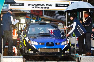 42;15-July-2011;APRC;Alex-Kelsey;Asia-Pacific-Rally-Championship;International-Rally-Of-Whangarei;NZ;New-Zealand;Northland;Rally;Raymond-Bennett;Subaru-Impreza-WRX-STI;Whangarei;auto;ceremonial-start;ceremony;garage;motorsport;pre‒event;racing;start;telephoto