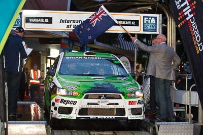 28;15-July-2011;APRC;Asia-Pacific-Rally-Championship;International-Rally-Of-Whangarei;John-Allen;Kingsley-Thompson;Mitsubishi-Lancer-Evolution-X;NZ;New-Zealand;Northland;Rally;Whangarei;auto;ceremonial-start;ceremony;garage;motorsport;pre‒event;racing;start;telephoto