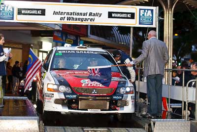 25;15-July-2011;25;APRC;Asia-Pacific-Rally-Championship;Chris-West;Erin-Kyle;International-Rally-Of-Whangarei;Mitsubishi-Lancer-Evolution-IX;NZ;New-Zealand;Northland;Rally;Whangarei;auto;ceremonial-start;ceremony;garage;motorsport;pre‒event;racing;start;telephoto