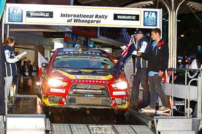 22;15-July-2011;22;APRC;Asia-Pacific-Rally-Championship;Hao-Yuan;Hongyu-Pan;International-Rally-Of-Whangarei;Mitsubishi-Lancer-Evolution-X;NZ;New-Zealand;Northland;Rally;Soueast-Motor-Kumho-Team;Whangarei;auto;ceremonial-start;ceremony;garage;motorsport;pre‒event;racing;start;telephoto