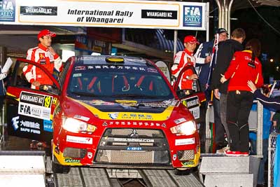 19;15-July-2011;19;APRC;Asia-Pacific-Rally-Championship;Fan-Fan;International-Rally-Of-Whangarei;Junwei-Fang;Mitsubishi-Lancer-Evolution-X;NZ;New-Zealand;Northland;Rally;Soueast-Motor-Kumho-Team;Whangarei;auto;ceremonial-start;ceremony;garage;motorsport;pre‒event;racing;start;telephoto