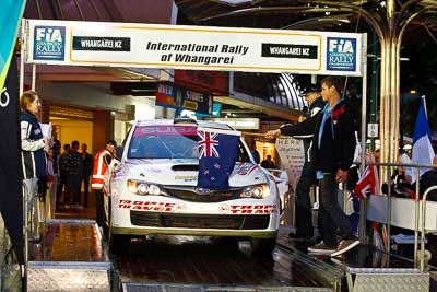 17;15-July-2011;17;APRC;Asia-Pacific-Rally-Championship;Daniel-Palau;International-Rally-Of-Whangarei;NZ;New-Zealand;Northland;Possum-Bourne-Motorsport;Rally;Subaru-Impreza-WRX-STI;Thierry-Song;Whangarei;auto;ceremonial-start;ceremony;garage;motorsport;pre‒event;racing;start;telephoto