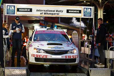 17;15-July-2011;17;APRC;Asia-Pacific-Rally-Championship;Daniel-Palau;International-Rally-Of-Whangarei;NZ;New-Zealand;Northland;Possum-Bourne-Motorsport;Rally;Subaru-Impreza-WRX-STI;Thierry-Song;Whangarei;auto;ceremonial-start;ceremony;garage;motorsport;pre‒event;racing;start;telephoto