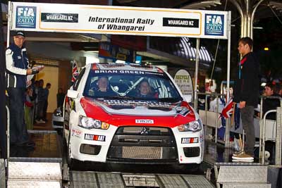 16;15-July-2011;16;APRC;Asia-Pacific-Rally-Championship;Brian-Green;Brian-Green-Motorsport;Fleur-Pedersen;International-Rally-Of-Whangarei;Mitsubishi-Lancer-Evolution-X;NZ;New-Zealand;Northland;Rally;Whangarei;auto;ceremonial-start;ceremony;garage;motorsport;pre‒event;racing;start;telephoto