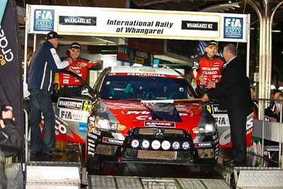 9;15-July-2011;9;APRC;Asia-Pacific-Rally-Championship;International-Rally-Of-Whangarei;NZ;New-Zealand;Northland;Pertamina-Cusco-Racing;Rally;Rifat-Sungkar;Scott-Beckwith;Whangarei;auto;ceremonial-start;ceremony;garage;motorsport;pre‒event;racing;start;telephoto