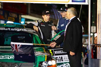 15-July-2011;APRC;Asia-Pacific-Rally-Championship;Brendan-Reeves;International-Rally-Of-Whangarei;NZ;New-Zealand;Northland;Rally;Whangarei;auto;ceremonial-start;ceremony;garage;motorsport;night;pre‒event;racing;start;telephoto