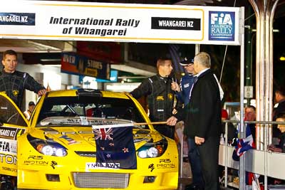 4;15-July-2011;4;APRC;Alister-McRae;Asia-Pacific-Rally-Championship;Bill-Hayes;International-Rally-Of-Whangarei;NZ;New-Zealand;Northland;Proton-Motorsports;Proton-Satria-Neo-S2000;Rally;Whangarei;auto;ceremonial-start;ceremony;garage;motorsport;pre‒event;racing;start;telephoto