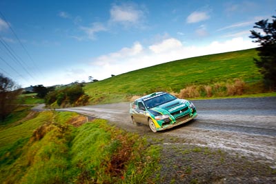 5;16-July-2011;5;APRC;Asia-Pacific-Rally-Championship;Brendan-Reeves;Brian-Green-Motorsport;International-Rally-Of-Whangarei;Mitsubishi-Lancer-Evolution-IX;NZ;New-Zealand;Northland;Rally;Rhianon-Smyth;Whangarei;auto;clouds;garage;landscape;motorsport;racing;scenery;sky;special-stage;wide-angle