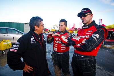 16-July-2011;APRC;Asia-Pacific-Rally-Championship;International-Rally-Of-Whangarei;NZ;New-Zealand;Northland;Rally;Rifat-Sungkar;Scott-Beckwith;Whangarei;auto;garage;motorsport;portrait;racing;service-park;wide-angle