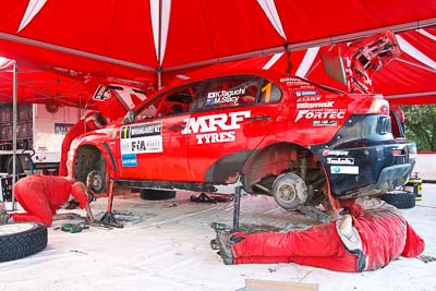 1;1;16-July-2011;APRC;Asia-Pacific-Rally-Championship;International-Rally-Of-Whangarei;Katsu-Taguchi;Mark-Stacey;Mitsubishi-Lancer-Evolution-X;NZ;New-Zealand;Northland;Rally;Team-MRF;Whangarei;auto;garage;mechanics;motorsport;racing;service-park;wide-angle