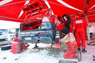 1;1;16-July-2011;APRC;Asia-Pacific-Rally-Championship;International-Rally-Of-Whangarei;Katsu-Taguchi;Mark-Stacey;Mitsubishi-Lancer-Evolution-X;NZ;New-Zealand;Northland;Rally;Team-MRF;Whangarei;auto;garage;mechanics;motorsport;racing;service-park;wide-angle