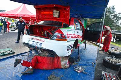 12;12;16-July-2011;APRC;Asia-Pacific-Rally-Championship;Bosowa-Rally-Team;Hade-Mboi;International-Rally-Of-Whangarei;Mitsubishi-Lancer-Evolution-IX;NZ;New-Zealand;Northland;Rally;Subhan-Aksa;Whangarei;auto;garage;mechanics;motorsport;racing;service-park;wide-angle