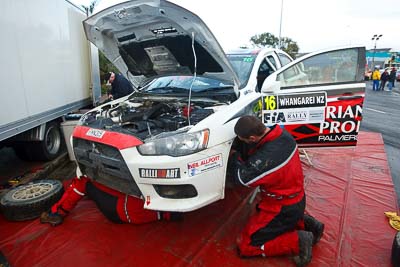 16;16;16-July-2011;APRC;Asia-Pacific-Rally-Championship;Brian-Green;Brian-Green-Motorsport;Fleur-Pedersen;International-Rally-Of-Whangarei;Mitsubishi-Lancer-Evolution-X;NZ;New-Zealand;Northland;Rally;Whangarei;auto;garage;mechanics;motorsport;racing;service-park;wide-angle