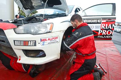 16;16;16-July-2011;APRC;Asia-Pacific-Rally-Championship;Brian-Green;Brian-Green-Motorsport;Fleur-Pedersen;International-Rally-Of-Whangarei;Mitsubishi-Lancer-Evolution-X;NZ;New-Zealand;Northland;Rally;Whangarei;auto;garage;mechanics;motorsport;racing;service-park;wide-angle