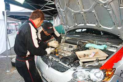 18;16-July-2011;APRC;Asia-Pacific-Rally-Championship;International-Rally-Of-Whangarei;Karamjit-Singh;NZ;New-Zealand;Northland;Proton-Cusco-Rally-Team;Proton-Satria-Neo;Rally;Vivek-Ponnusamy;Whangarei;auto;garage;mechanics;motorsport;racing;service-park;wide-angle