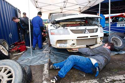 8;16-July-2011;8;APRC;Asia-Pacific-Rally-Championship;David-Green;International-Rally-Of-Whangarei;Mitsubishi-Lancer-Evolution-IX;NZ;Nathan-Quinn;New-Zealand;Northland;Rally;Whangarei;auto;garage;mechanics;motorsport;racing;service-park;wide-angle