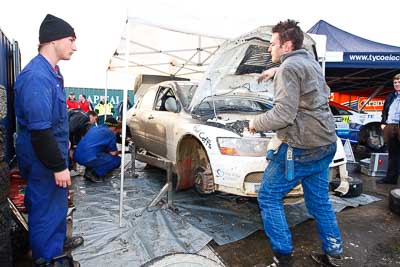 8;16-July-2011;8;APRC;Asia-Pacific-Rally-Championship;David-Green;International-Rally-Of-Whangarei;Mitsubishi-Lancer-Evolution-IX;NZ;Nathan-Quinn;New-Zealand;Northland;Rally;Whangarei;auto;garage;mechanics;motorsport;racing;service-park;wide-angle