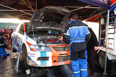 27;16-July-2011;27;APRC;Asia-Pacific-Rally-Championship;Glenn-Goldring;Glenn-Inkster;International-Rally-Of-Whangarei;Mitsubishi-Lancer-Evolution-IX;NZ;New-Zealand;Northland;Rally;Whangarei;auto;garage;mechanics;motorsport;racing;service-park;wide-angle