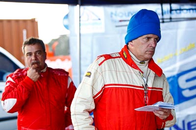 16-July-2011;APRC;Asia-Pacific-Rally-Championship;Daniel-Palau;International-Rally-Of-Whangarei;NZ;New-Zealand;Northland;Rally;Thierry-Song;Whangarei;auto;garage;motorsport;portrait;racing;service-park;telephoto