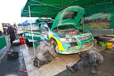 5;16-July-2011;5;APRC;Asia-Pacific-Rally-Championship;Brendan-Reeves;Brian-Green-Motorsport;International-Rally-Of-Whangarei;Mitsubishi-Lancer-Evolution-IX;NZ;New-Zealand;Northland;Rally;Rhianon-Smyth;Whangarei;auto;garage;mechanics;motorsport;racing;service-park;wide-angle