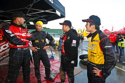 16-July-2011;APRC;Akira-Bamba;Asia-Pacific-Rally-Championship;Bill-Hayes;International-Rally-Of-Whangarei;NZ;New-Zealand;Northland;Rally;Rifat-Sungkar;Scott-Beckwith;Whangarei;auto;garage;motorsport;portrait;racing;service-park;wide-angle