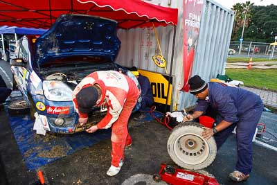 23;16-July-2011;23;APRC;Asia-Pacific-Rally-Championship;Ford-Fiesta-ST;Gunaseelan-Rajoo;International-Rally-Of-Whangarei;Jagdev-Singh;NZ;New-Zealand;Northland;Pennzoil-GSR-Racing-Team;Rally;Whangarei;auto;garage;mechanics;motorsport;racing;service-park;wide-angle