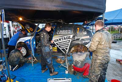 7;16-July-2011;7;APRC;Asia-Pacific-Rally-Championship;Ben-Atkinson;Emma-Gilmour;International-Rally-Of-Whangarei;NZ;New-Zealand;Northland;Rally;Subaru-Impreza-WRX-STI;Whangarei;auto;garage;mechanics;motorsport;racing;service-park;wide-angle