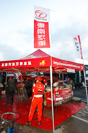 19;16-July-2011;19;APRC;Asia-Pacific-Rally-Championship;Fan-Fan;International-Rally-Of-Whangarei;Junwei-Fang;Mitsubishi-Lancer-Evolution-X;NZ;New-Zealand;Northland;Rally;Soueast-Motor-Kumho-Team;Whangarei;auto;garage;motorsport;racing;service-park;wide-angle