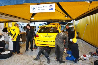 4;16-July-2011;4;APRC;Alister-McRae;Asia-Pacific-Rally-Championship;Bill-Hayes;Chris-Mellors;International-Rally-Of-Whangarei;NZ;New-Zealand;Northland;Proton-Motorsports;Proton-Satria-Neo-S2000;Rally;Whangarei;auto;garage;mechanics;motorsport;racing;service-park;wide-angle