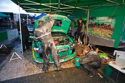 5;16-July-2011;5;APRC;Asia-Pacific-Rally-Championship;Brendan-Reeves;Brian-Green-Motorsport;International-Rally-Of-Whangarei;Mitsubishi-Lancer-Evolution-IX;NZ;New-Zealand;Northland;Rally;Rhianon-Smyth;Whangarei;auto;garage;mechanics;motorsport;racing;service-park;wide-angle