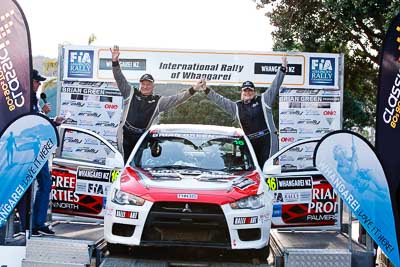 16;16;17-July-2011;APRC;Asia-Pacific-Rally-Championship;Brian-Green;Brian-Green-Motorsport;Fleur-Pedersen;International-Rally-Of-Whangarei;Mitsubishi-Lancer-Evolution-X;NZ;New-Zealand;Northland;Rally;Whangarei;auto;garage;motorsport;podium;racing;telephoto