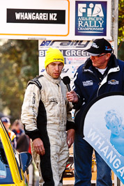 17-July-2011;APRC;Asia-Pacific-Rally-Championship;Chris-Atkinson;International-Rally-Of-Whangarei;NZ;New-Zealand;Northland;Rally;Whangarei;auto;garage;motorsport;podium;portrait;racing;telephoto