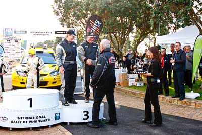 17-July-2011;APRC;Asia-Pacific-Rally-Championship;Brian-Green;Fleur-Pedersen;International-Rally-Of-Whangarei;NZ;New-Zealand;Northland;Rally;Whangarei;auto;garage;motorsport;podium;racing;wide-angle