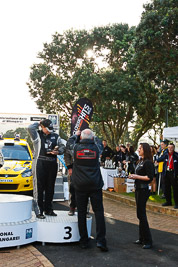 17-July-2011;APRC;Asia-Pacific-Rally-Championship;Brian-Green;Fleur-Pedersen;International-Rally-Of-Whangarei;NZ;New-Zealand;Northland;Rally;Whangarei;auto;garage;motorsport;podium;racing;wide-angle