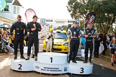 17-July-2011;APRC;Alister-McRae;Asia-Pacific-Rally-Championship;Bill-Hayes;Brian-Green;Fleur-Pedersen;International-Rally-Of-Whangarei;NZ;New-Zealand;Northland;Rally;Whangarei;auto;garage;motorsport;podium;racing;wide-angle