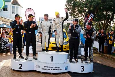 17-July-2011;APRC;Alister-McRae;Asia-Pacific-Rally-Championship;Bill-Hayes;Brian-Green;Chris-Atkinson;Fleur-Pedersen;International-Rally-Of-Whangarei;NZ;New-Zealand;Northland;Rally;Stephane-Prevot;Whangarei;auto;garage;motorsport;podium;racing;wide-angle