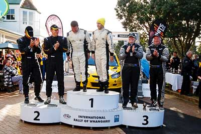 17-July-2011;APRC;Alister-McRae;Asia-Pacific-Rally-Championship;Bill-Hayes;Brian-Green;Chris-Atkinson;Fleur-Pedersen;International-Rally-Of-Whangarei;NZ;New-Zealand;Northland;Rally;Stephane-Prevot;Whangarei;auto;garage;motorsport;podium;racing;wide-angle