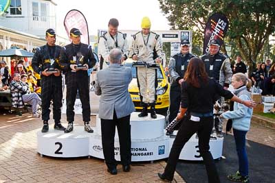 17-July-2011;APRC;Alister-McRae;Asia-Pacific-Rally-Championship;Bill-Hayes;Brian-Green;Chris-Atkinson;Fleur-Pedersen;International-Rally-Of-Whangarei;NZ;New-Zealand;Northland;Rally;Stephane-Prevot;Whangarei;auto;garage;motorsport;podium;racing;wide-angle